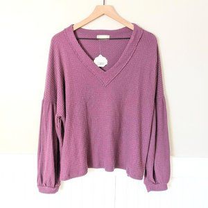 Altar'd State Plum Waffle Thermal Knit Puff Sleeve Top L  NWT